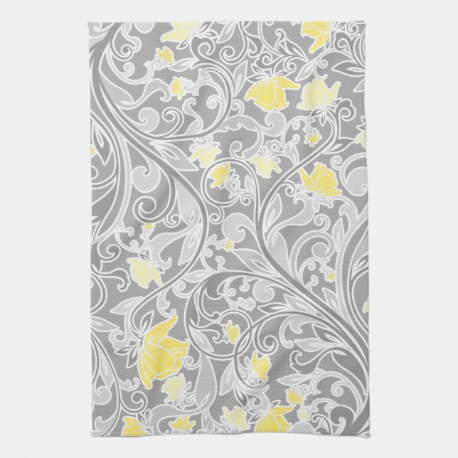 Modern Yellow and Grey Swirly Floral Tea Towel (Vertical)