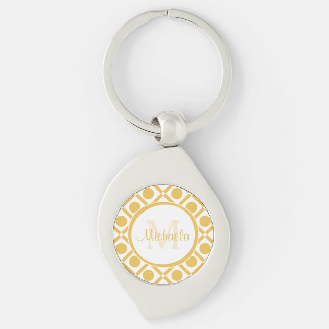 Modern Yellow and White Geometric Monogrammed Name Key Ring (Front)