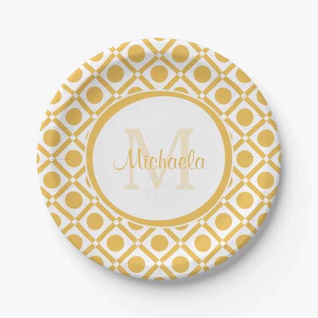 Modern Yellow and White Geometric Monogrammed Name Paper Plate (Front)