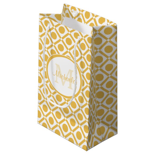 Modern Yellow and White Geometric Monogrammed Name Small Gift Bag (Front Angled)