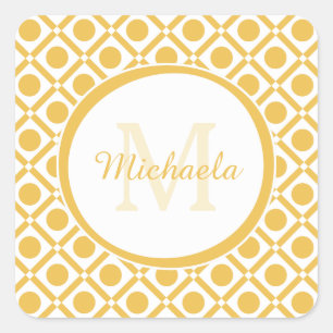 Modern Yellow and White Geometric Monogrammed Name Square Sticker
