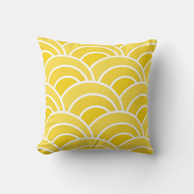 Modern Yellow and White Scalloped Wave Pattern Cushion (Front)