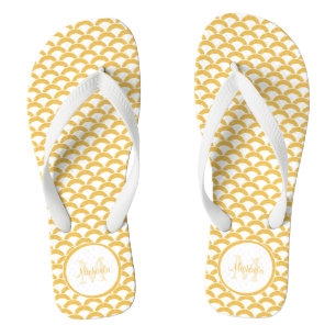 Modern Yellow and White Scallops Monogram and Name Flip Flops