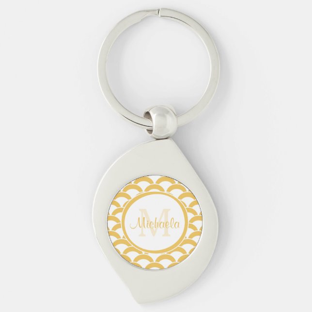 Modern Yellow and White Scallops Monogram and Name Key Ring (Front)