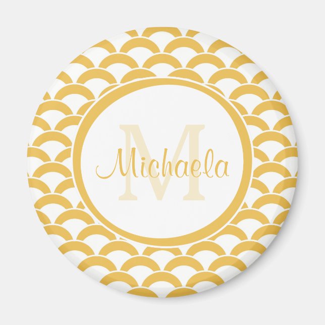Modern Yellow and White Scallops Monogram and Name Magnet (Front)