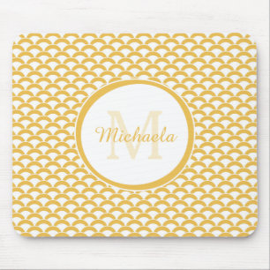 Modern Yellow and White Scallops Monogram and Name Mouse Mat