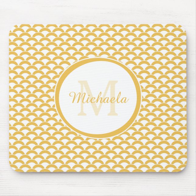 Modern Yellow and White Scallops Monogram and Name Mouse Mat (Front)