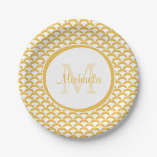 Modern Yellow and White Scallops Monogram and Name Paper Plate