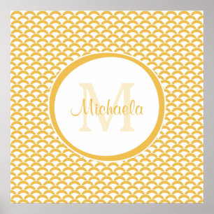 Modern Yellow and White Scallops Monogram and Name Poster