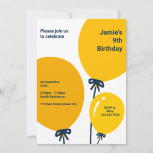 Modern Yellow Balloon 9th Birthday Invitation Card