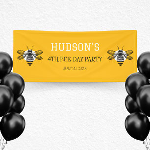 Modern Yellow Bee Day 4th Fourth Birthday Party Banner