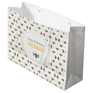Modern Yellow Bee Honeycomb Kids Summer Birthday Large Gift Bag