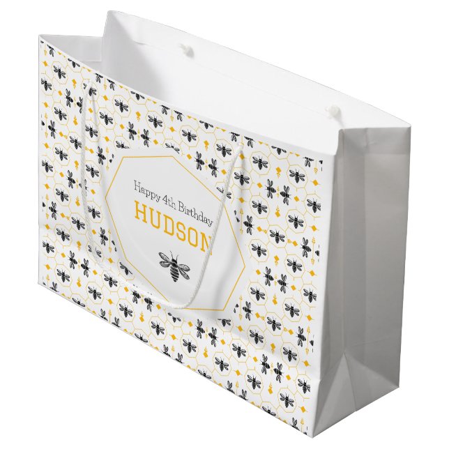 Modern Yellow Bee Honeycomb Kids Summer Birthday Large Gift Bag (Front Angled)