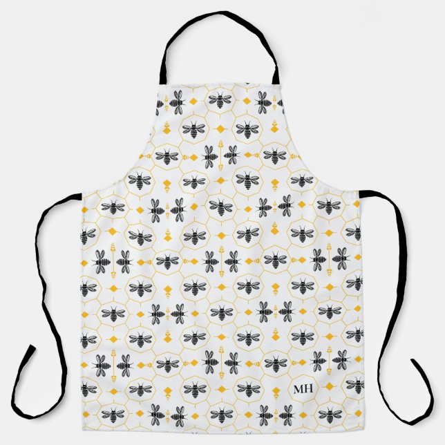 Modern Yellow Bee Pattern Elegant Black Monogram Apron (Front)