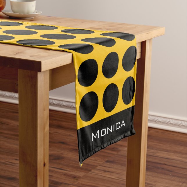 Modern yellow  beige &black dots monogram name long table runner (In Situ)