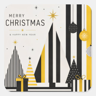 Modern Yellow Black and White Christmas Square Sticker