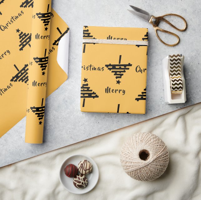 Modern Yellow Black Christmas Tree Pattern Holiday Wrapping Paper (Crafts)