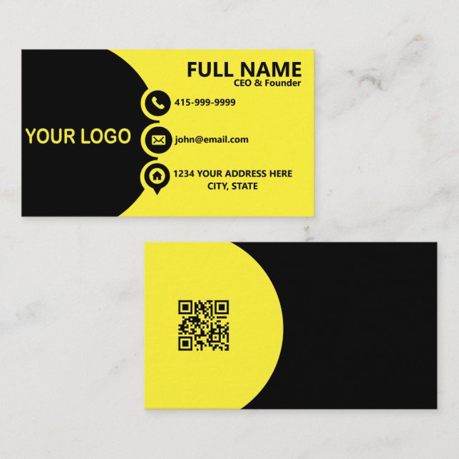 Modern Yellow Black Corporate QR Code  Business Card (Front/Back)