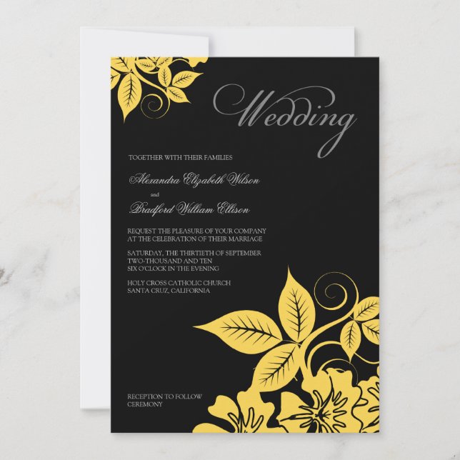 Modern Yellow/Black Floral Wedding Invitation (Front)