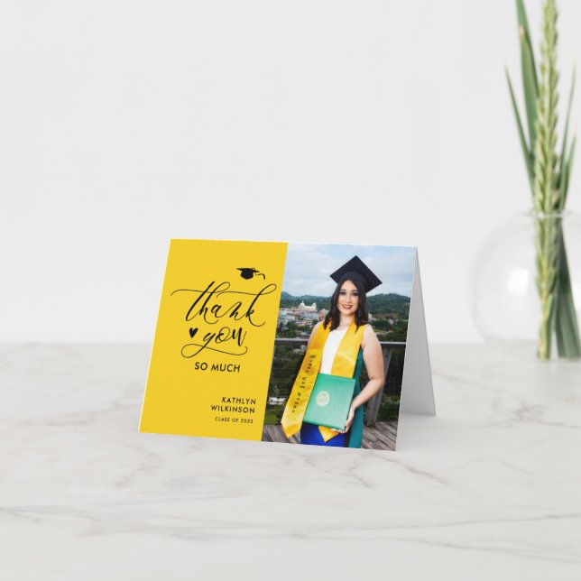Modern Yellow Black Minimalist Photo Graduation Thank You Card (Front)