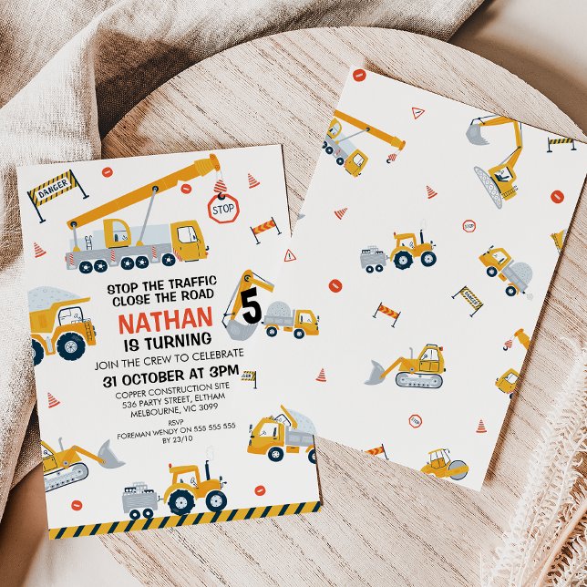 Modern Yellow Black Red Construction Birthday Invitation (Stop the traffic close the road, construction themed birthday invitation featuring various vehicles )