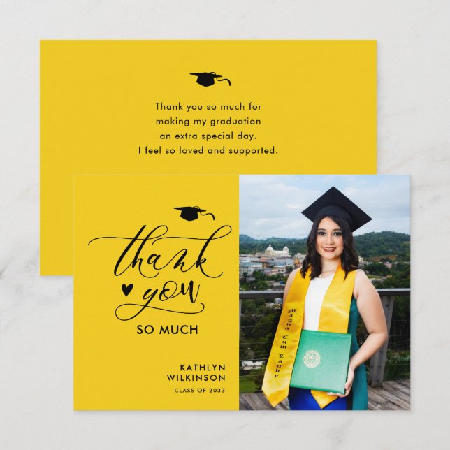 Modern Yellow Black Script Minimalist Graduation Thank You Card (Front/Back)
