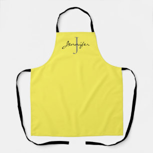 Modern Yellow Black Script Monogram Personalised Apron