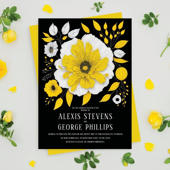 Modern Yellow Black White Floral Wedding Invitation (Creator Uploaded)