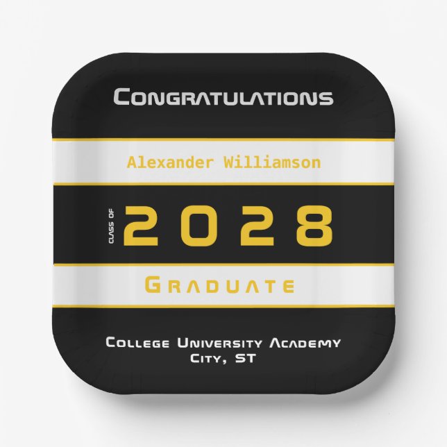 Modern Yellow Black White Graduation Party Paper Plate (Front)