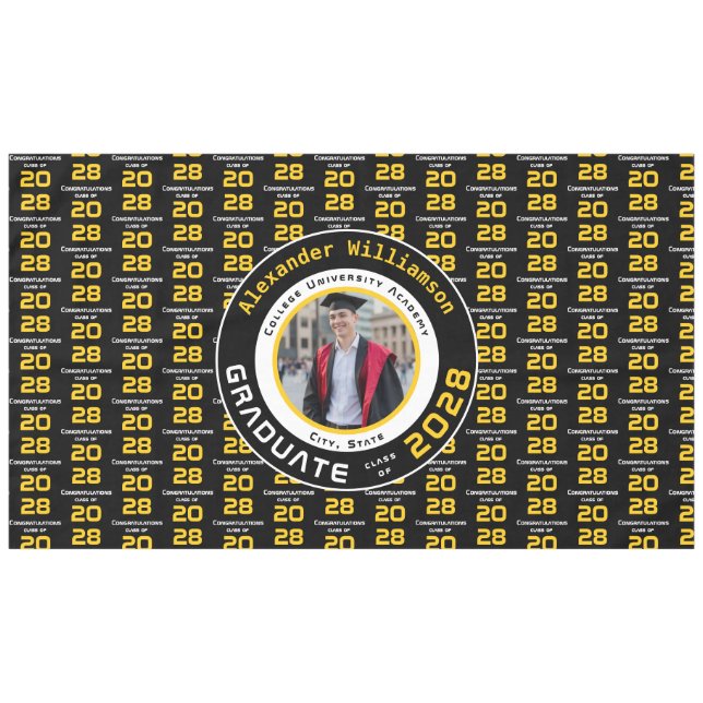Modern Yellow Black White Graduation Photo Party Tablecloth (Front (Horizontal))