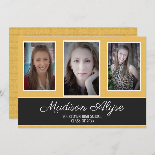 Modern Yellow Black White Three Photo Graduation Invitation (Front/Back)