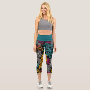 Modern Yellow, Blue and Black Lacy Leaf Capri Leggings