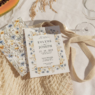 Modern Yellow & Blue Boho Chic Floral Wedding Invitation
