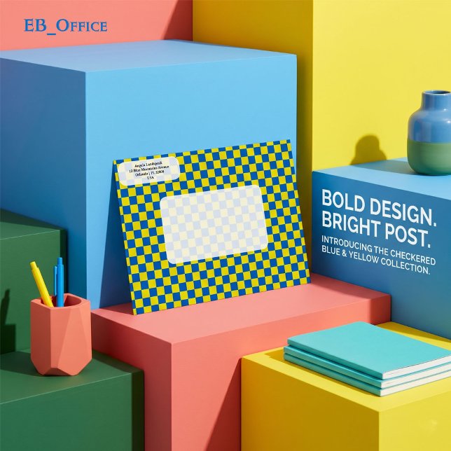 Modern Yellow & Blue Chequered  Return Address  Envelope (Love the envelope, but looking for a different hue? Visit EB_Office to explore our full collection.)