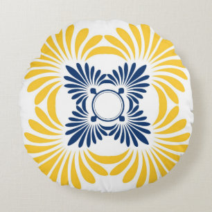 Modern Yellow Blue Floral Pattern Round Cushion