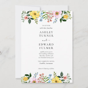 Modern Yellow Blue Pink Spring Floral Wedding Invitation