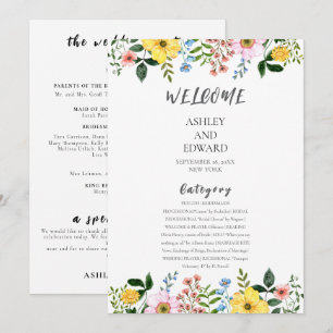 Modern Yellow Blue Pink Spring Floral Wedding Invitation