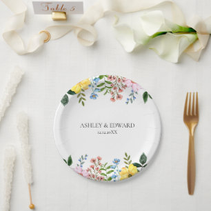 Modern Yellow Blue Pink Spring Floral Wedding Paper Plate
