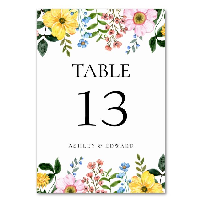 Modern Yellow Blue Pink Spring Floral Wedding Table Number (Front)