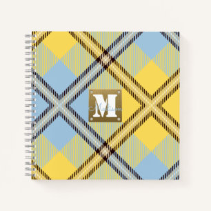 Modern Yellow Blue Plaid Tartan Leather Monogram Notebook
