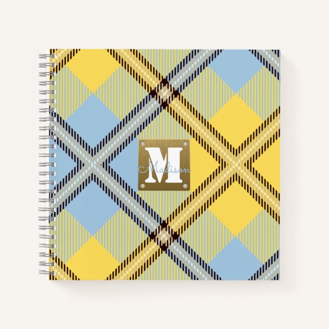 Modern Yellow Blue Plaid Tartan Leather Monogram Notebook (Front)