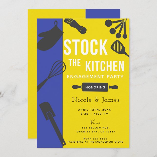 Modern Yellow Blue Stock Kitchen Engagement Party Invitation (Front/Back)