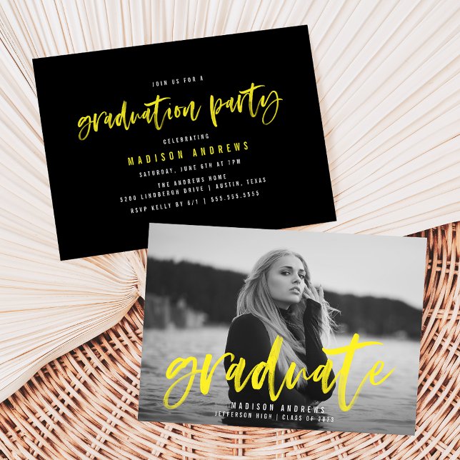 Modern Yellow Brush Script Photo Graduation Party Invitation (Creator Uploaded)