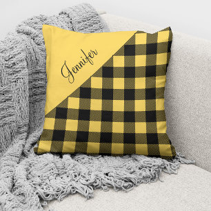 Modern Yellow Buffalo Plaid Check Pattern Name Cushion