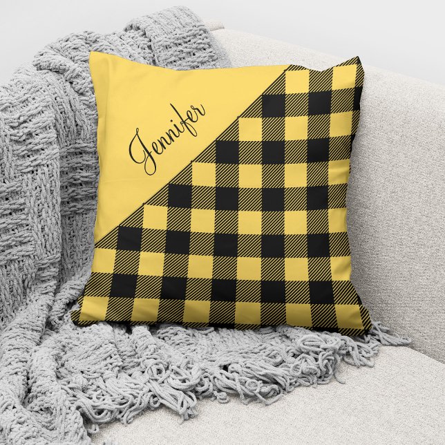 Modern Yellow Buffalo Plaid Check Pattern Name Cushion (Creator Uploaded)
