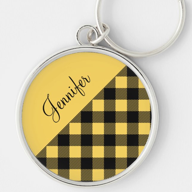 Modern Yellow Buffalo Plaid Check Pattern Name Key Ring (Front)