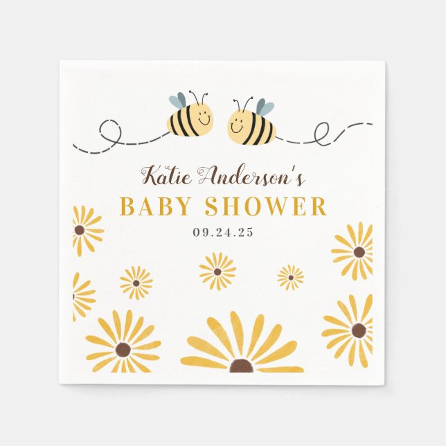 Modern Yellow Bumblebee and Sunflowers Baby Shower Napkin (Front)
