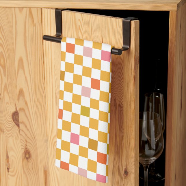 Modern Yellow Chequered Pattern Tea Towel (Thirds Fold)