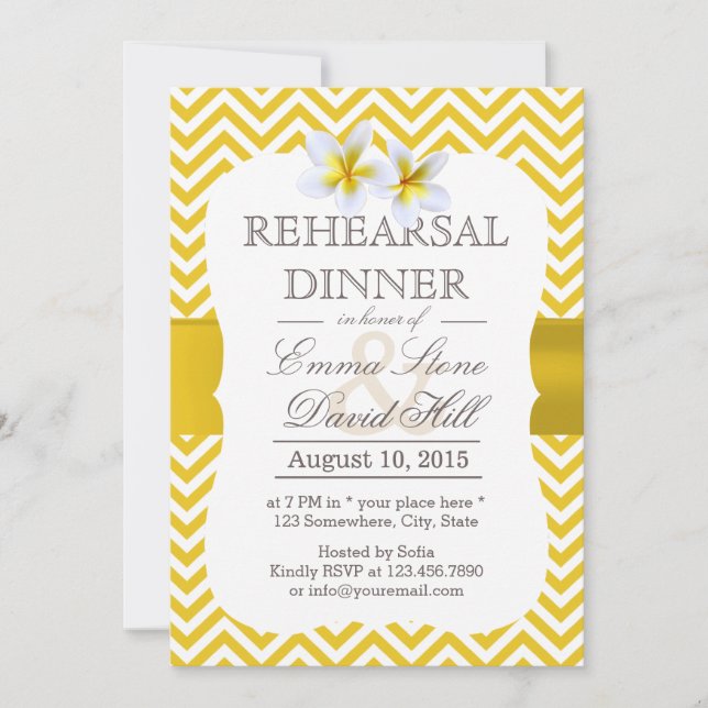 Modern Yellow Chevron Plumeria Rehearsal Dinner Invitation (Front)