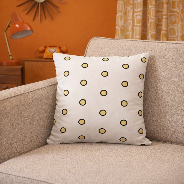 Modern Yellow Circle Dot Pattern Minimalist Cushion (A throw pillow with yellow dots with black outlines on a white background.)